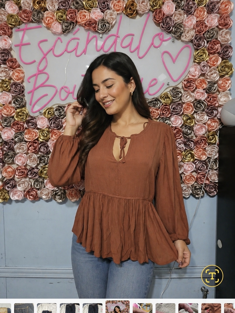 SO Rust Brown Peplum Tie-Neck Blouse